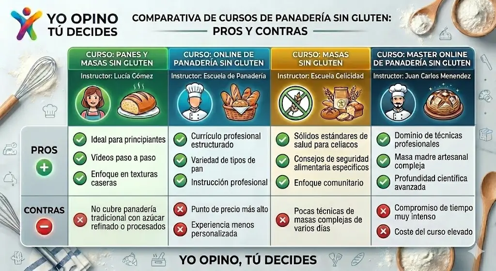 Tabla comparativa de pros y contras de Panes y Masas sin gluten vs otras formaciones.