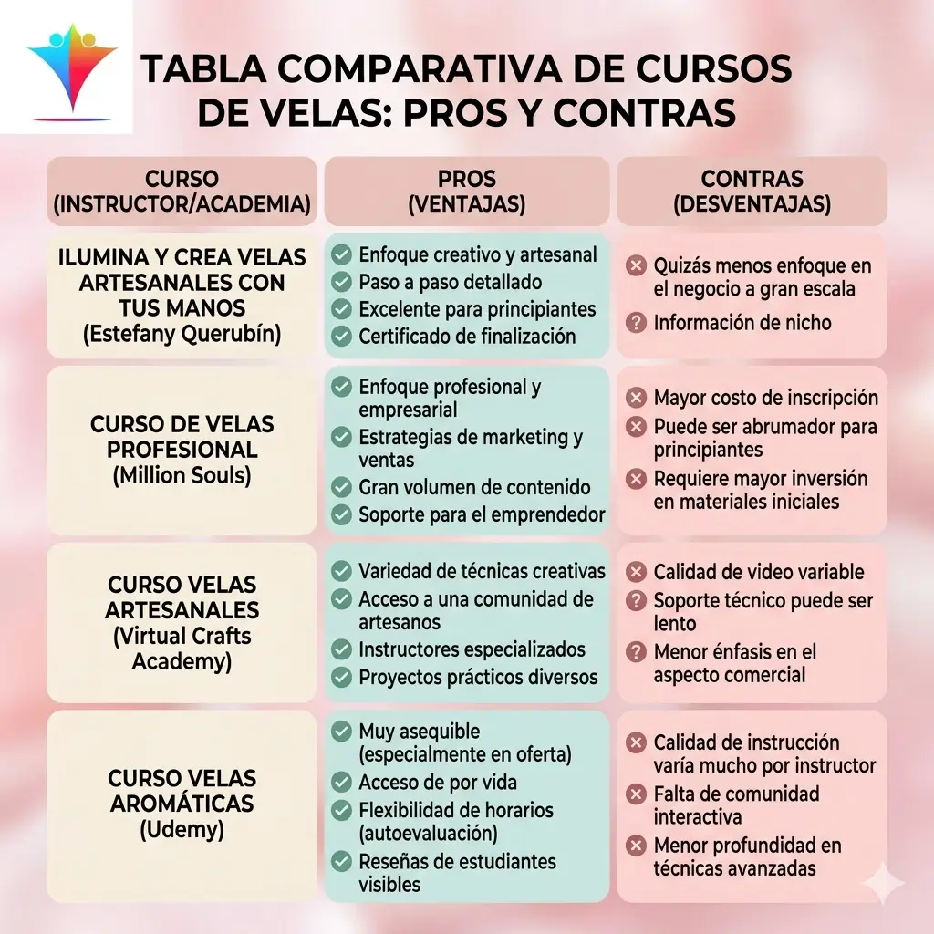 tabla comparativa de cursos de velas