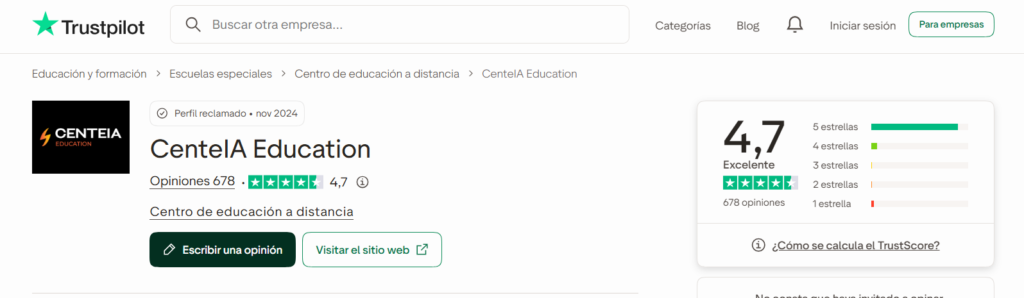 Opiniones de alumnos de CenteIA Education en Trustpilot.
